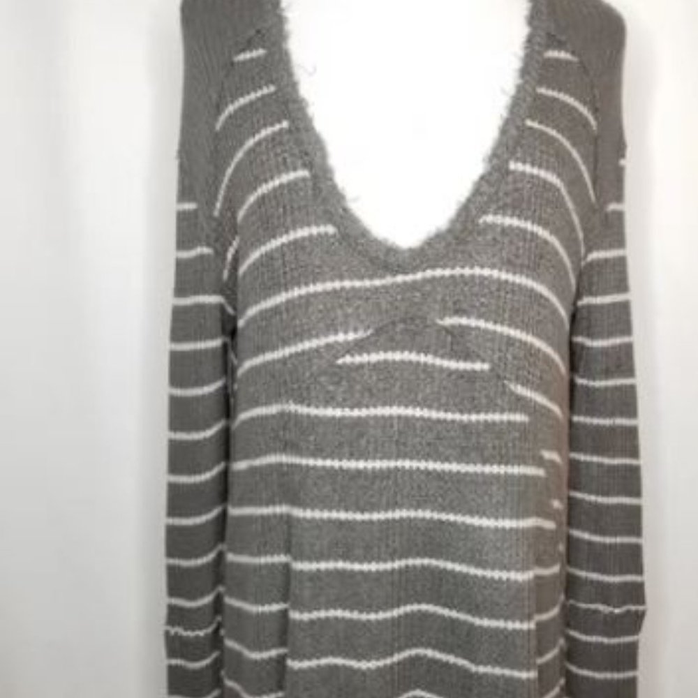 Free People Sunset Park Sage Green Oversized Striped Waffle Thermal Tunic - Picture 3 of 13